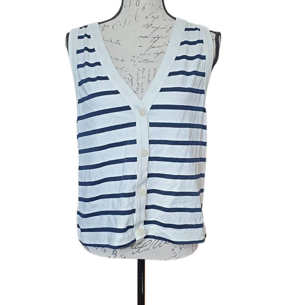 Loft Women's Size Large White Navy Stripe Button Down Sleeveless Top